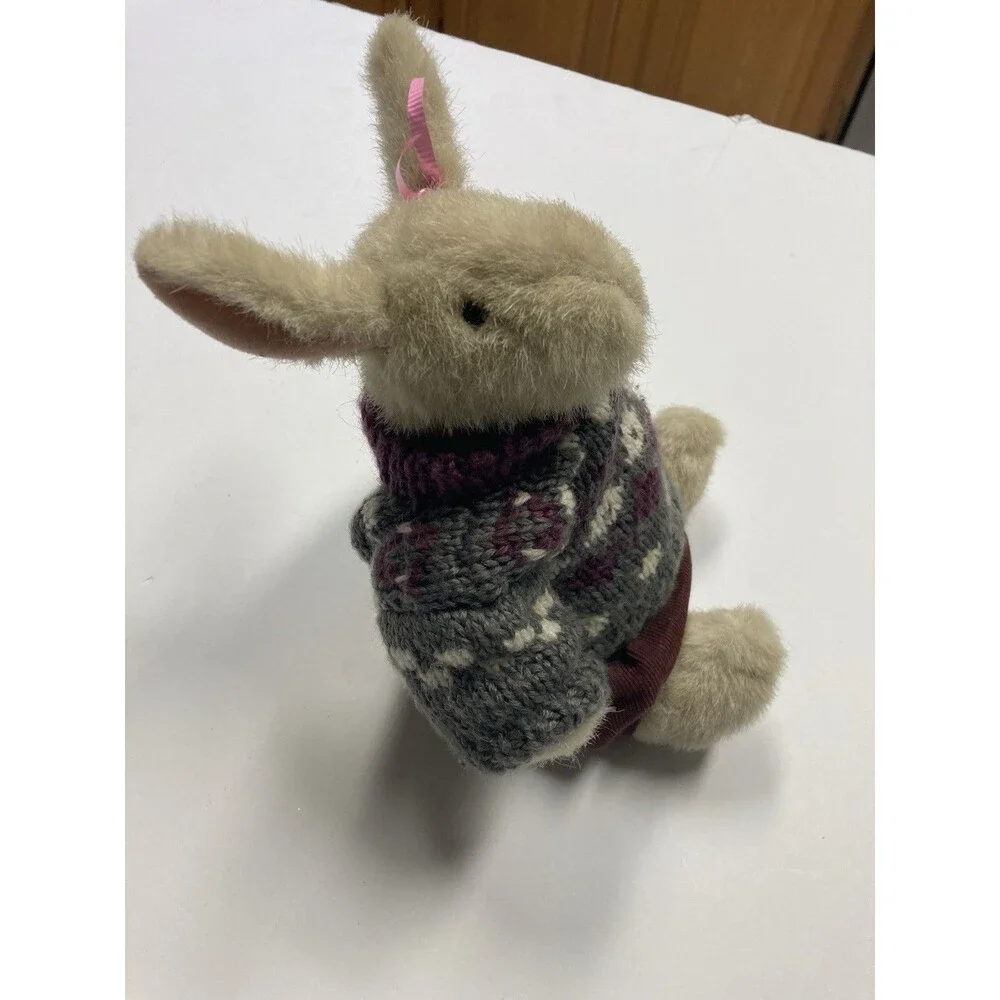Beige & Gray Rabbit Plush Stuffed Animal Knit Sweater, Brown Pants & Pink Ribbon